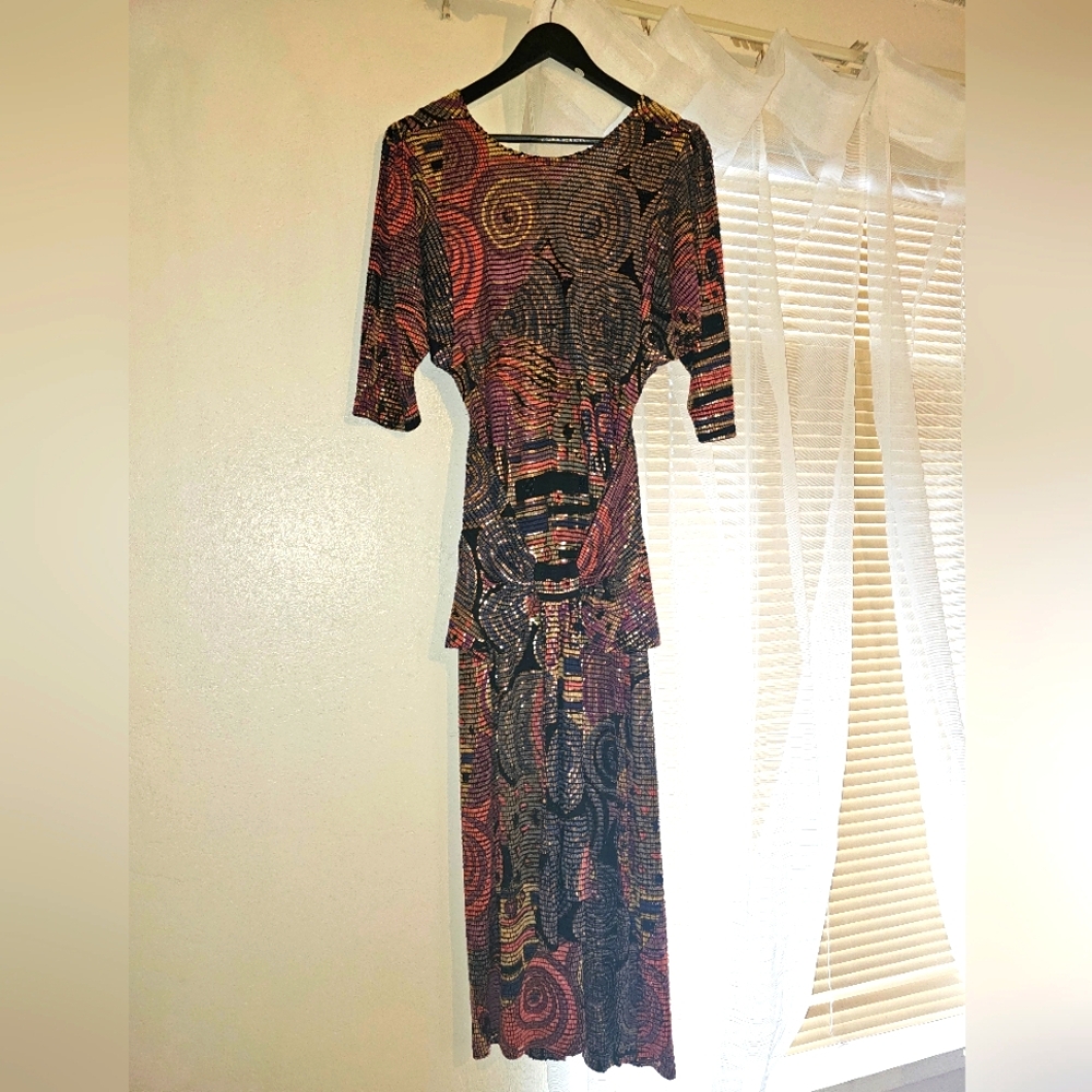 VINTAGE 1980's Janine Hand Painted Metallic Mosaic Runway Dress ITALY S - Picture 1 of 11